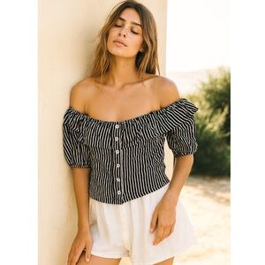 Faithfull the Brand Black and White Puff Sleeve Blouse